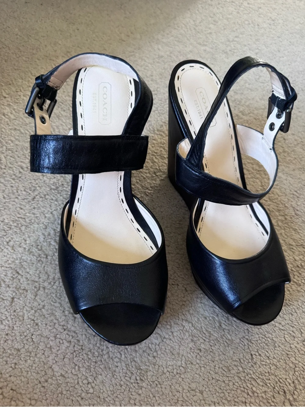 Coach Black Leather Platform Wedge Sandals with Ankle Strap